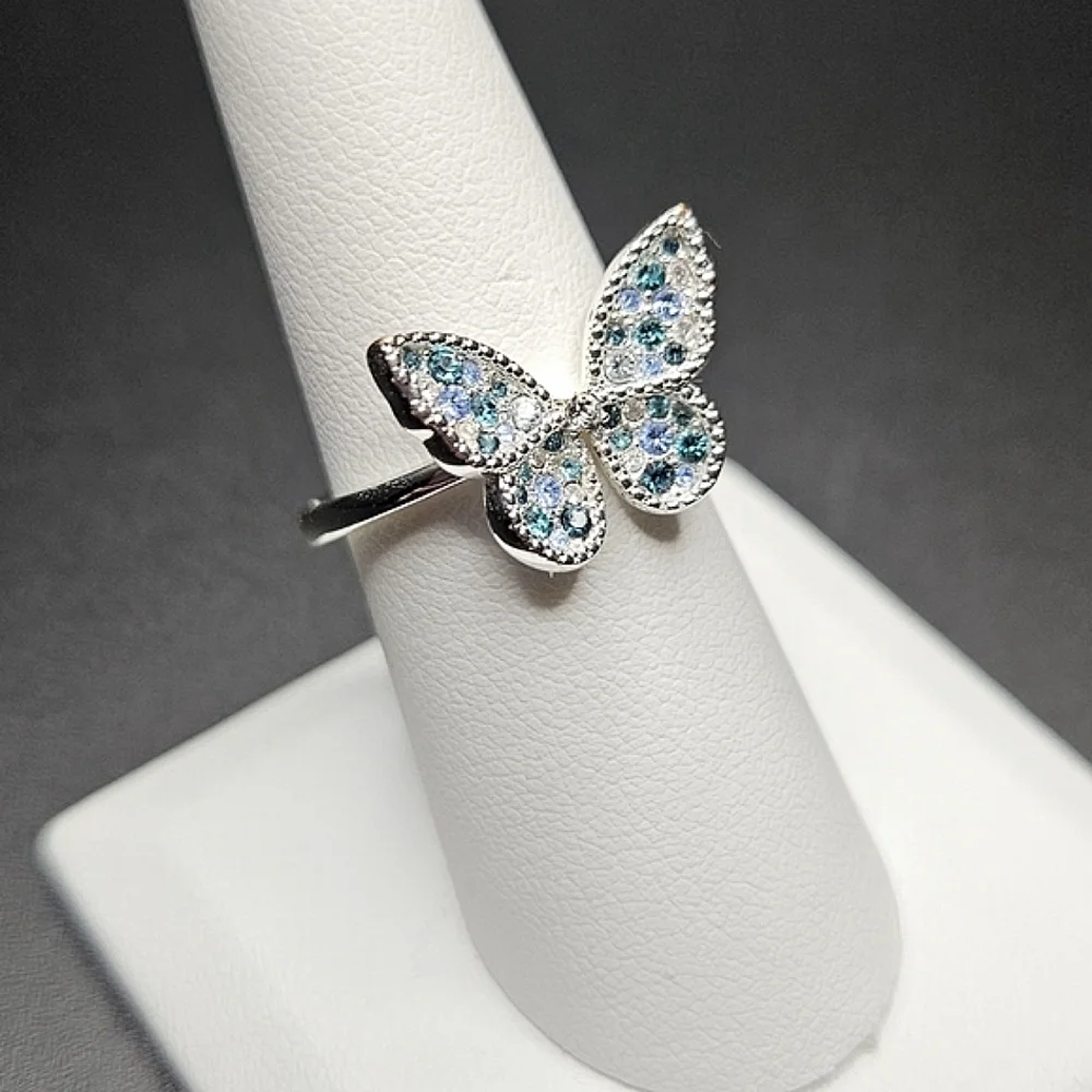 Sparkling Blue and Green Rhinestone Butterfly Ring Silver Plated Size 8 - Picture 3 of 5